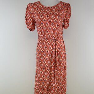 Boden Orange Geometric Jersey Dress 8R Tie Waist Puff Sleeve Stretch Viscose